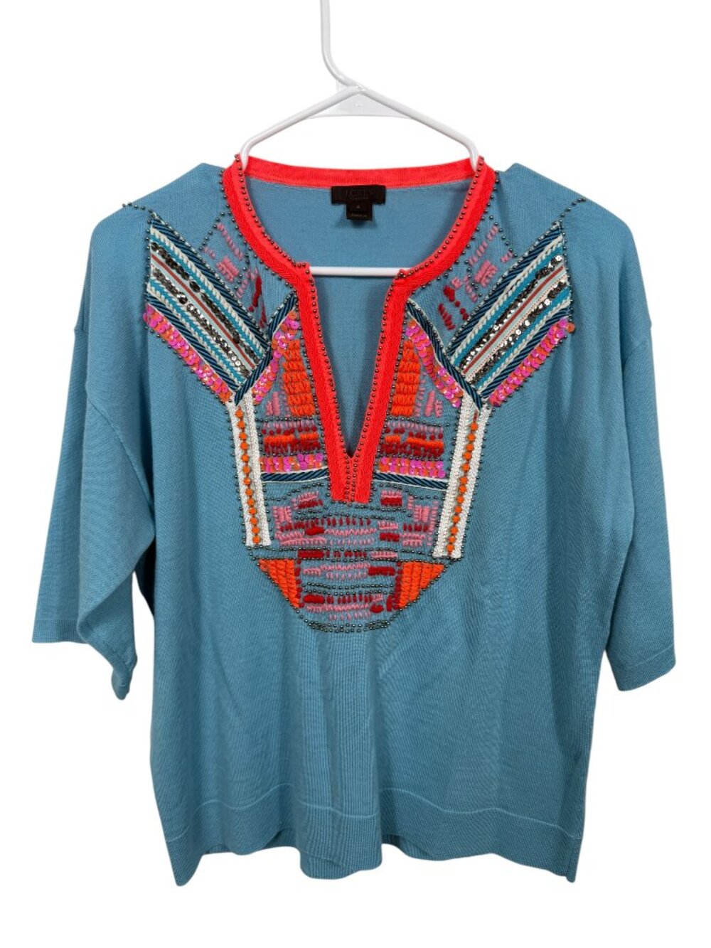 J Crew Collection Knit Top Womens Small Blue Multicolor Embroidered Beaded Boho